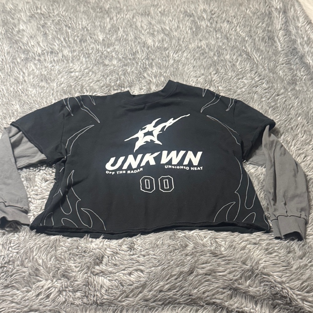 UNKWN Black and Gray Graphic layered look long sleeve shirt